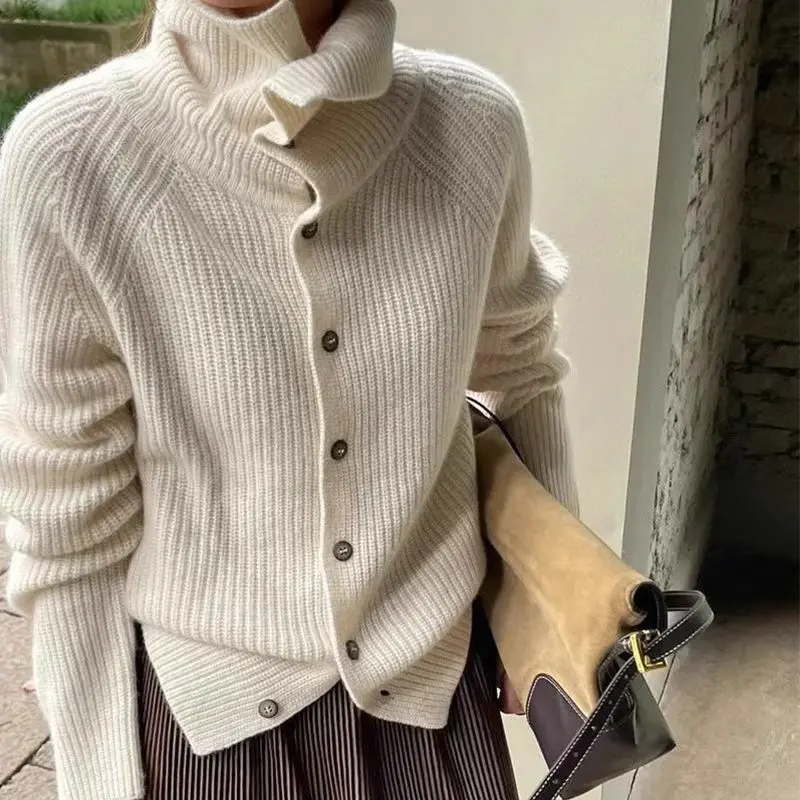 Solid Color Single-breasted Fashion Knitted Cardigan for Women's Spring and Autumn New High-neck Long-sleeved Versatile Sweater