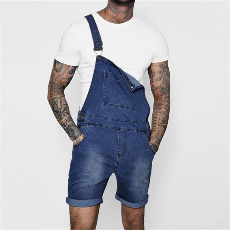 

Men's Youth Cool Jumpsuit 2023 Summer Denim Shorts Splicing Pocket Suspender Pants Streetwear Casual Male Straight Trousers New