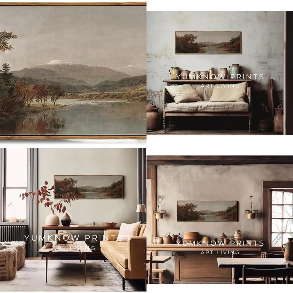 

Vintage Farmhouse Style Canvas Art - 13.5x40 Horizontal for Bedroom - Autumn Lake Scene - Rustic Cottagecore Decor