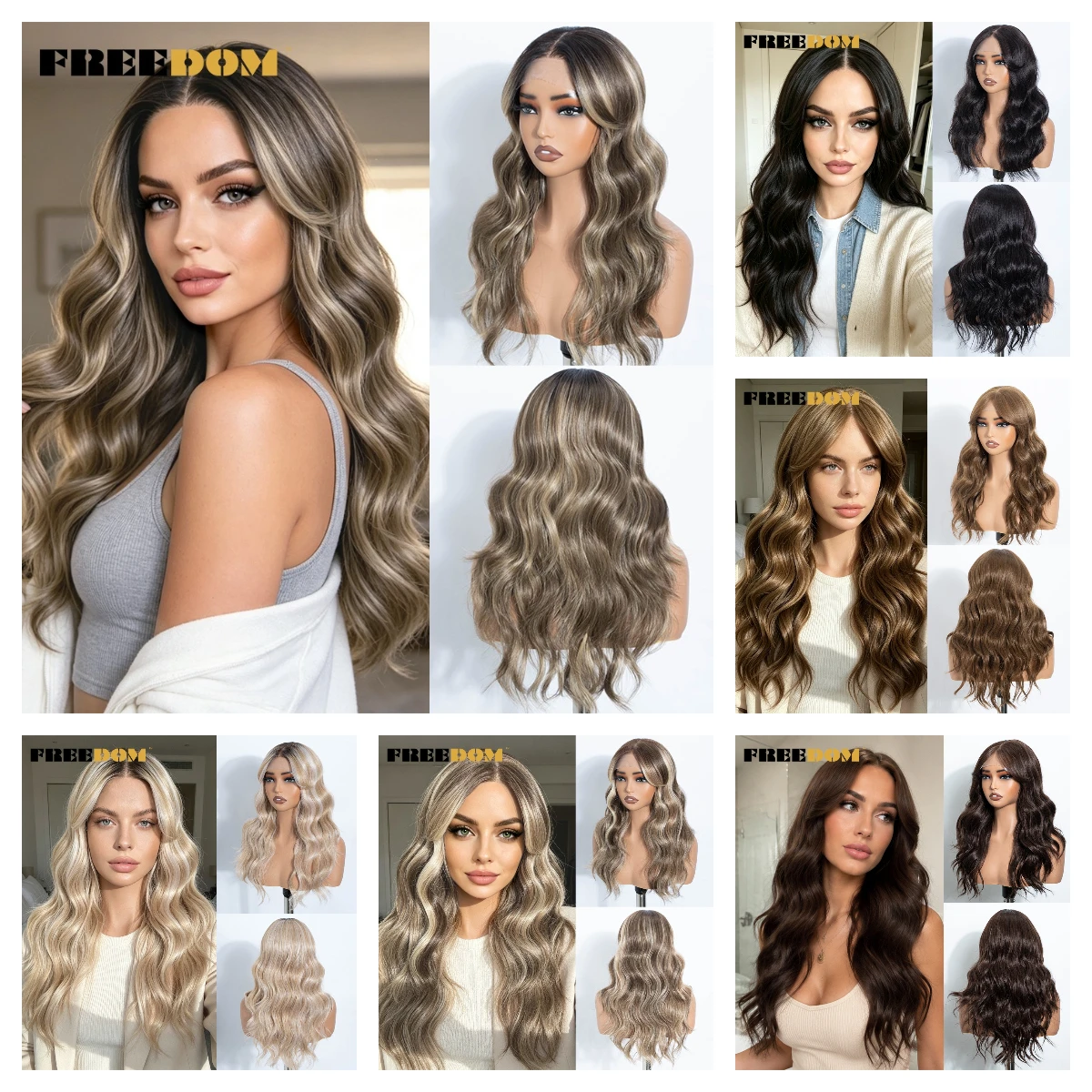FREEDOM 6X4 Synthetic Lace Front Wigs For Women Highlight Ash Blonde Brown Body Wave Wig With Bangs Heat Resistant Daily Wig