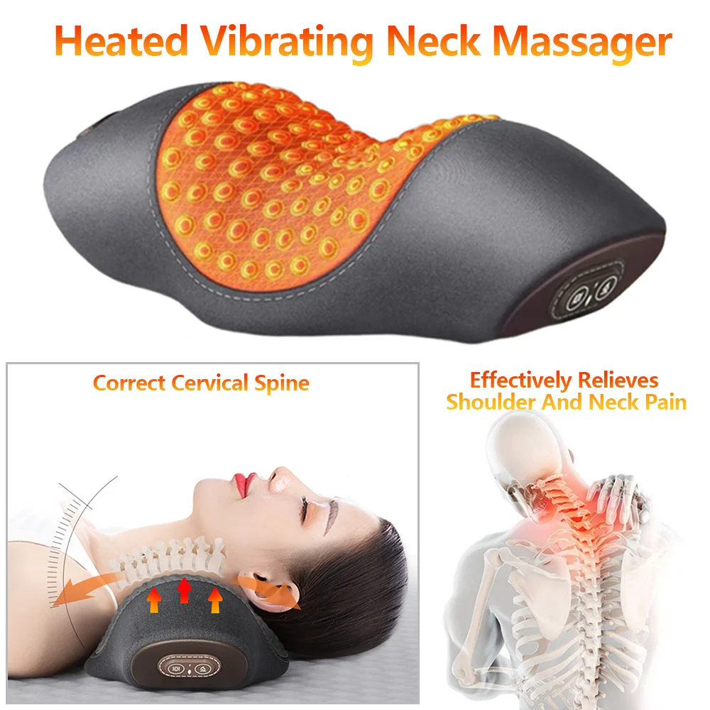 Masajeador eléctrico para cuello y cervicales, almohada con calefacción, vibración, masaje de tracción para la espalda, espuma viscoelástica para