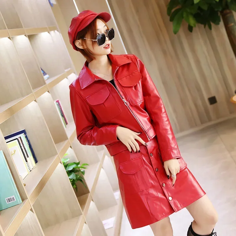 Tajiyane 2023 Two Pieces Set for Women Genuine Leather Jacket and Skirts Real Sheepskin Leather Skirt Sets Women Outfits Fashion