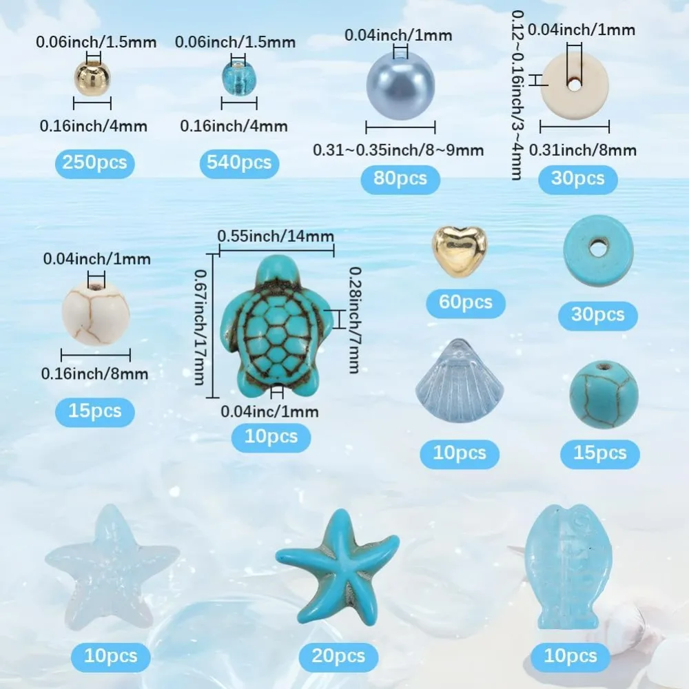 1박스 1080개 해양 비즈 키트 하와이 여름 바다 동물 비즈 거북이 불가사리 가리비 물고기 블루 글라스 터쿼이즈 스페이서
