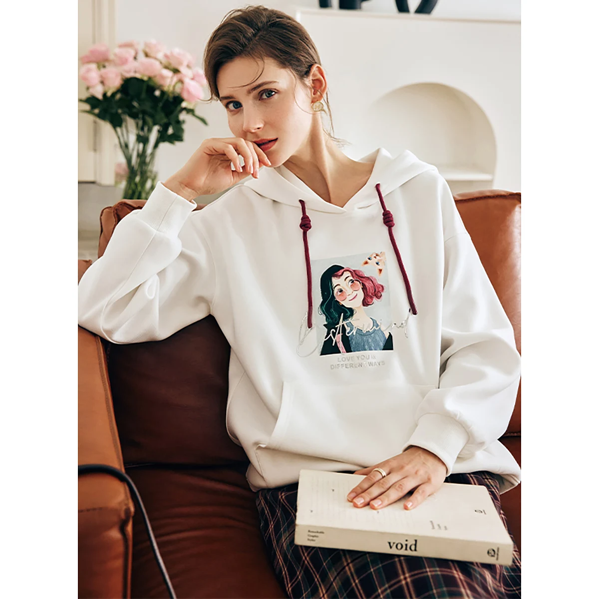 OLrain Women Hooded Sweatshirts Funny Cartoon Print Sweatshirt Spring 2026 Sporty Draw String Contrast Color Tops O23CR66829