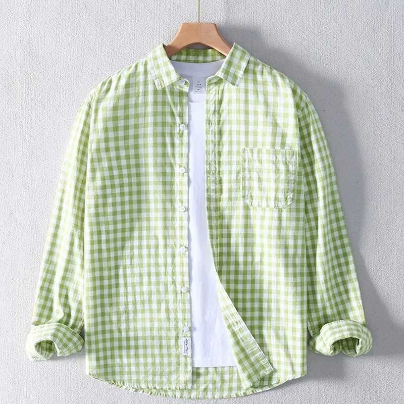 

Summer Thin Pure Cotton Long Sleeve Shirt for Teens And Students Elastic Checkered Large Size Versatile Trendy Commute Friendly