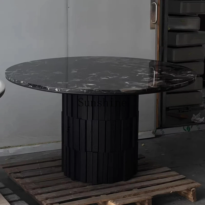

Italian minimalist black rose natural marble round dining table wabi-sabi wind B & B design solid wood leg dining table
