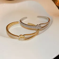 Exquisite Full Zircon Cuff Bracelets Gold Plating Copper Knot Opening Bracelet Minimalist Women's Bangle For Wedding Party K0