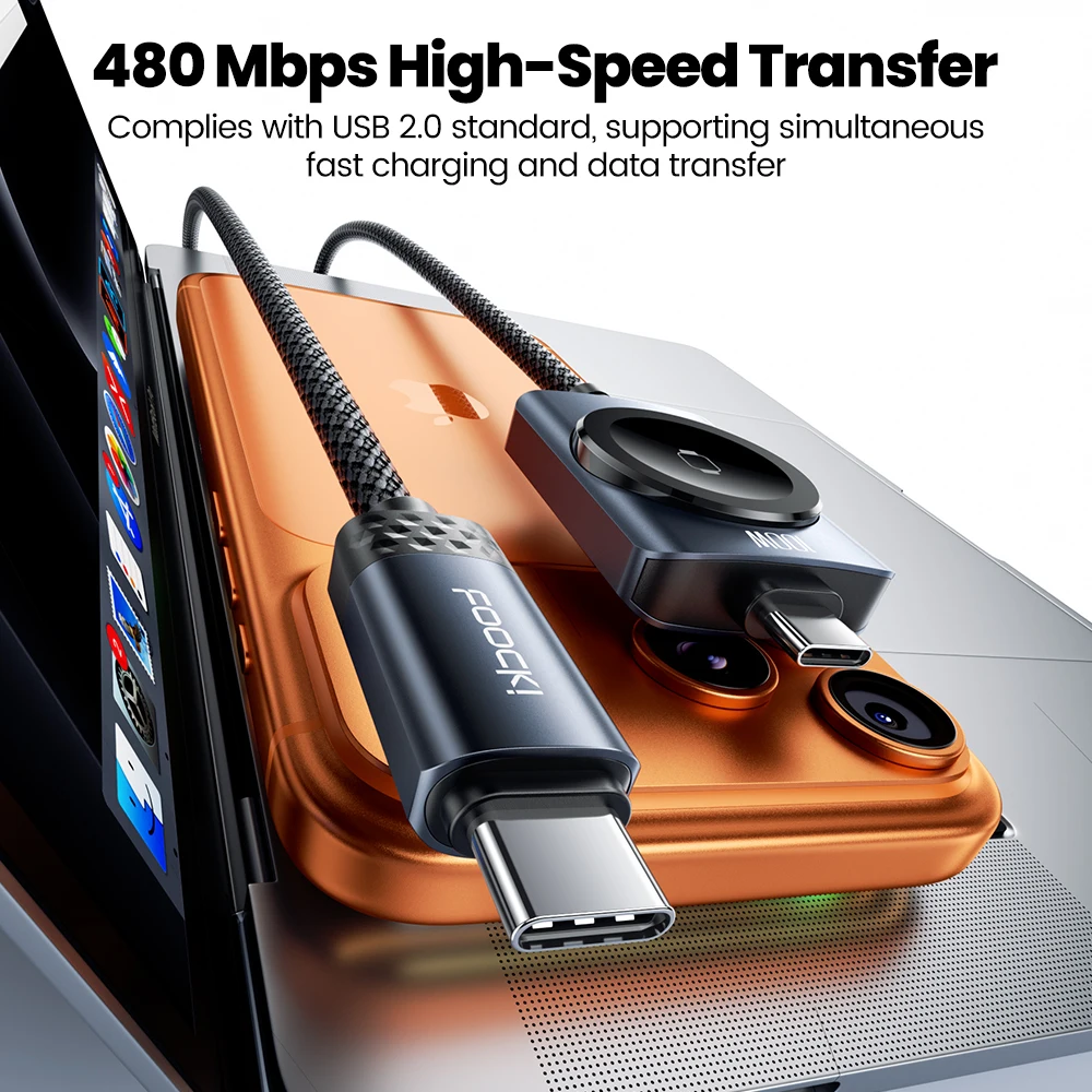 Toocki 100W USB C Fast Charging 2-in-1 Magnetic Cable For iPhone 17/16/15 Apple Watch Samsung Xiaomi Huawei Type-C Data Cable view 3