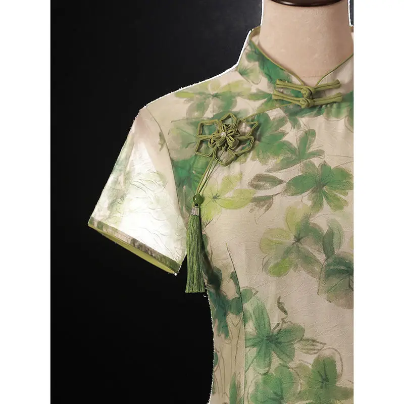 2024 Summer New Short Sleeve Long Cheongsam Chinese Green Fashion Qipao Sweet Eleganti Modern Improve Women Vintage Dress