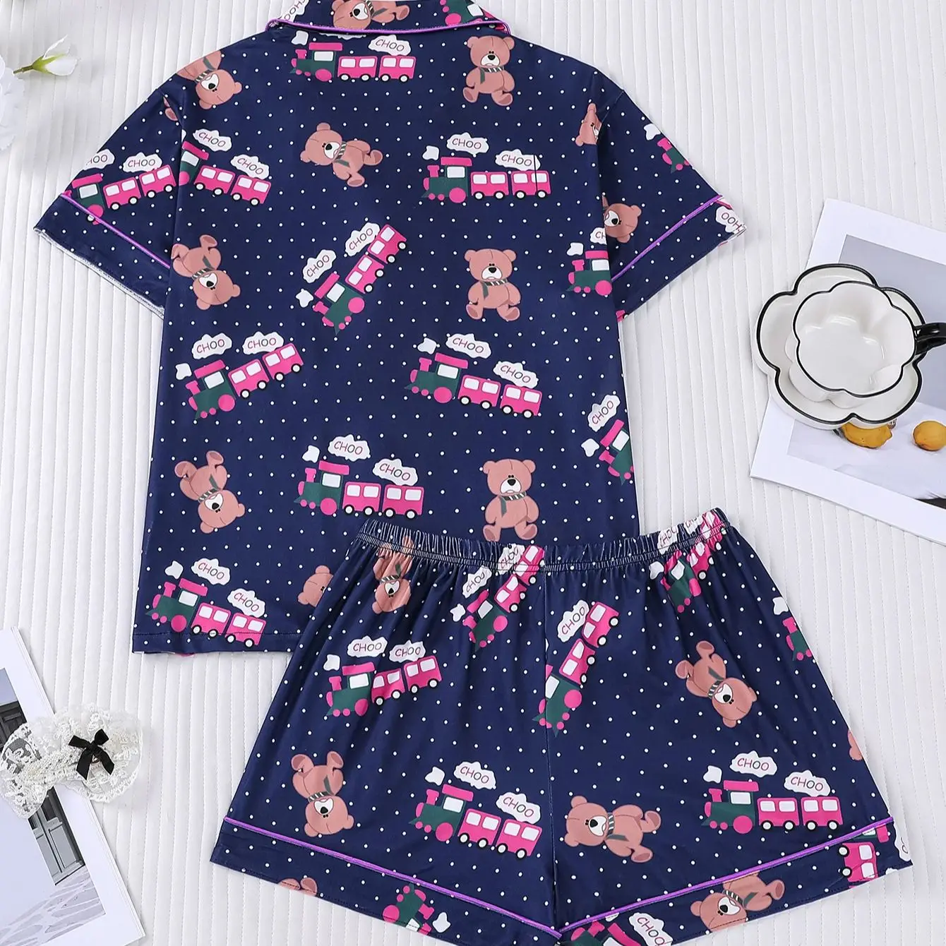Cute Little Bear Train Printed Pajama Set, Women's Summer Short Sleev Ed Shorts, Loose and Comfortable Two Piece Home Set