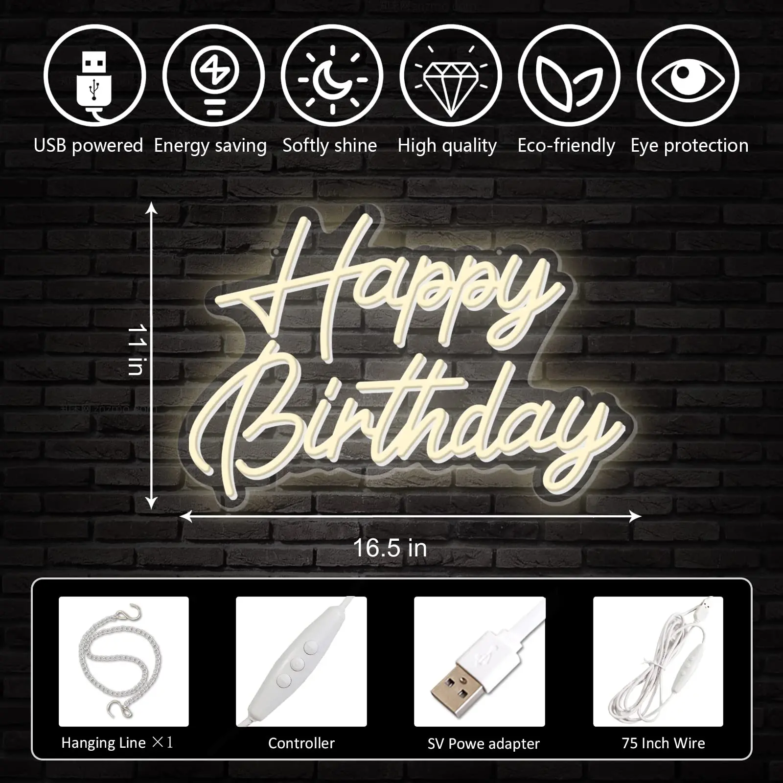 Happy Birthday Neon Sign Night Light, Decorações para festas, USB operado, Contexto decorativo, Quarto Wall Decor