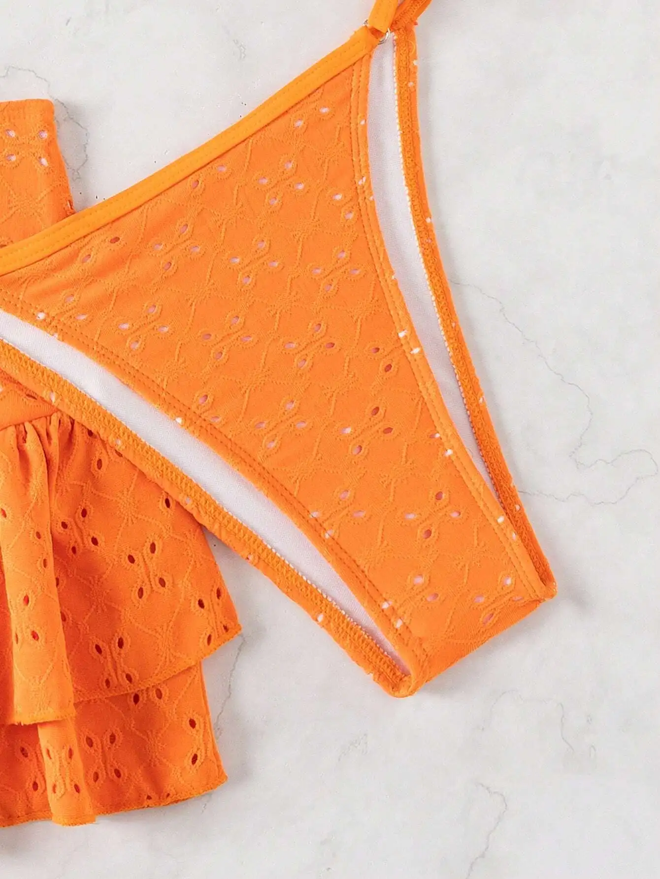 

Orange Eyelet Halter Triangle Bikini Set With Ruffled Cover-Up Skirt
