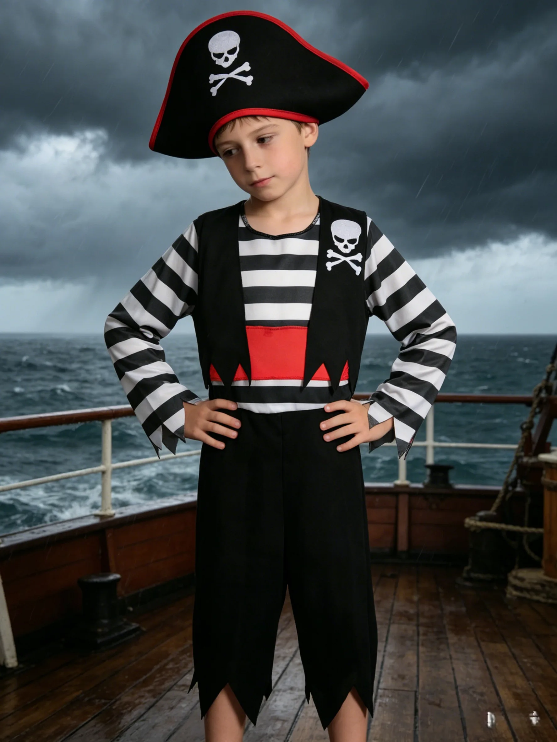 Conjunto de disfraz de pirata para niños, mono con estampado de rayas y sombrero con estampado de calavera, traje infantil para juegos de rol de Halloween.