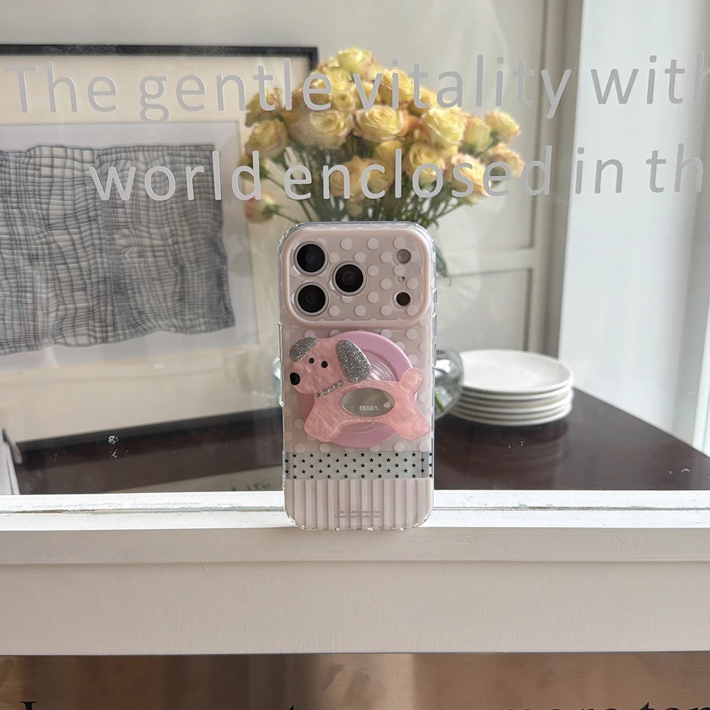 

ins Pink White Stripes And White Polka Dots Black Stars With Magnetic Dog Holder Phone Cover Case for iPhone 17 16 15 Pro Max