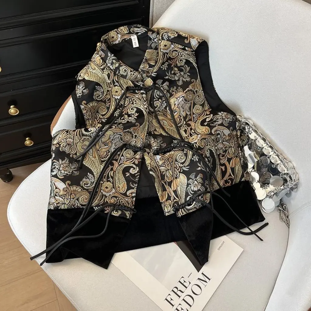 

Women's Elegant Vintage Embroidered Fashion Vest Coat Chinese Style Tassel Collar Buckle Detail Socialite Top