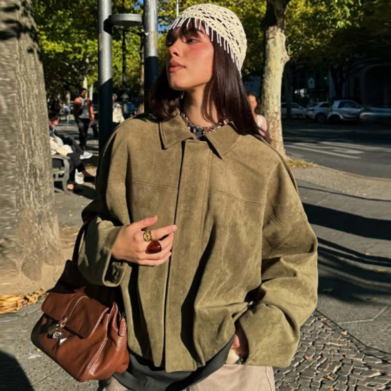 HXAO Wildleder-Kurzjacke für Damen, Bomberjacke, übergroße Fledermausärmel, Oberbekleidung, lässiger lockerer Mantel, Street-Style-Jacken