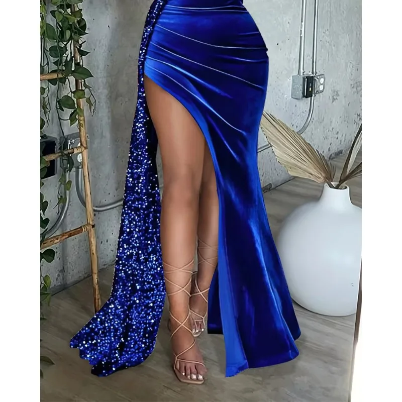 Sequins Velvet Patchwork Slit Evening Dress Women Y2K Elegant One Shoulder High Waist Corset Ruched Floor Length Maxi Dress