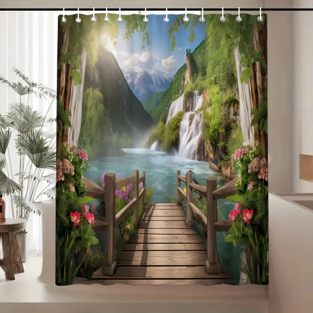 Scenic Waterfall Waterproof Shower Curtain: Idyllic Landscape Design, Adds Nature's Beauty to Your Bathroom Decor