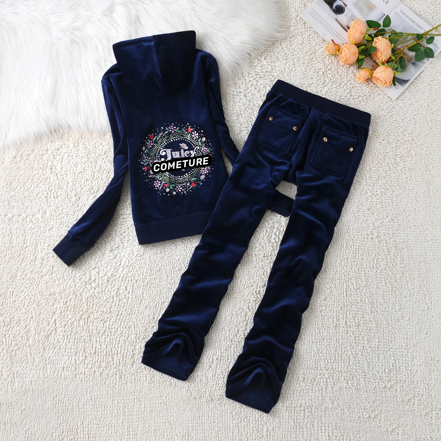 2025 New Juicy Cometure Velvet Tracksuit Embroidered Crystal Flower Pattern Hooded Sweatshirt Casual Sports Velvet Suit 2pc