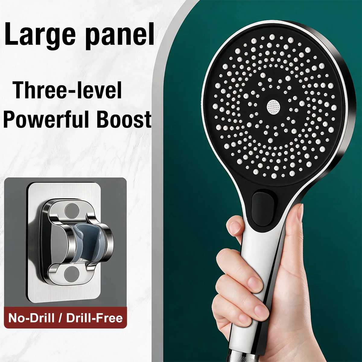 Handheld Shower Head with No-Drill Holder Extra-Large Panel Multi-Mode Spray High Pressure Gentle Dense Water Easy Installation