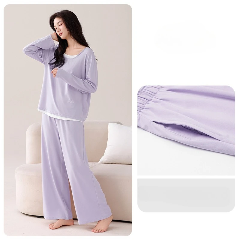 Primavera e outono feminino modal fino manga comprida novo casual pulôver de duas peças conjunto de terno para casa com almofada no peito pijamas