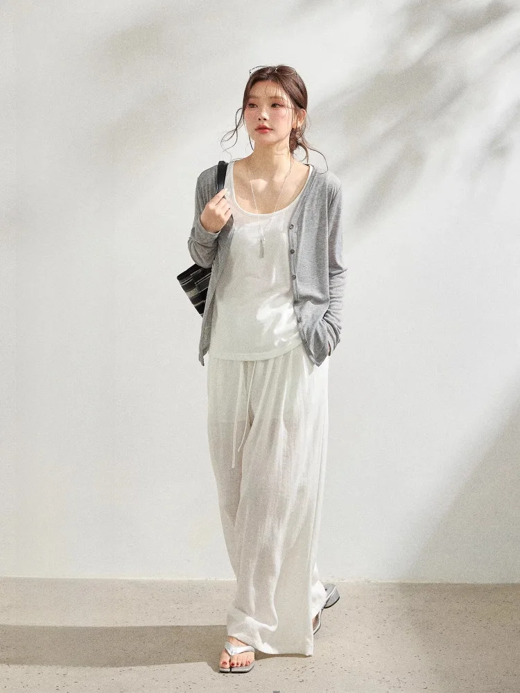 

plus Size Women's Fashion Set Korean Style Grey Open Cardigan White Vest Casual Pants Three Piece Suit for plus Size Ladies