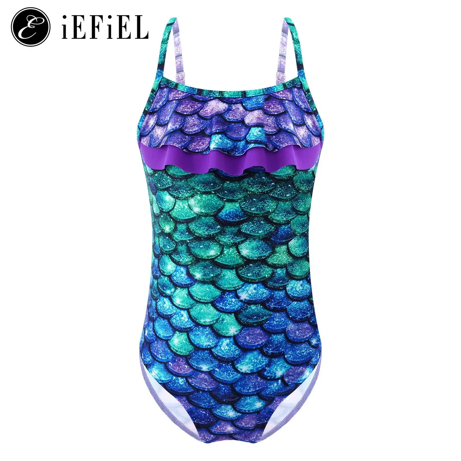 

Kids Girls Fish Scales Swimsuits One Piece Ruffled Flounce Cut Out Backless Monikini Swimwear Bathing Suit Summer Beachwear