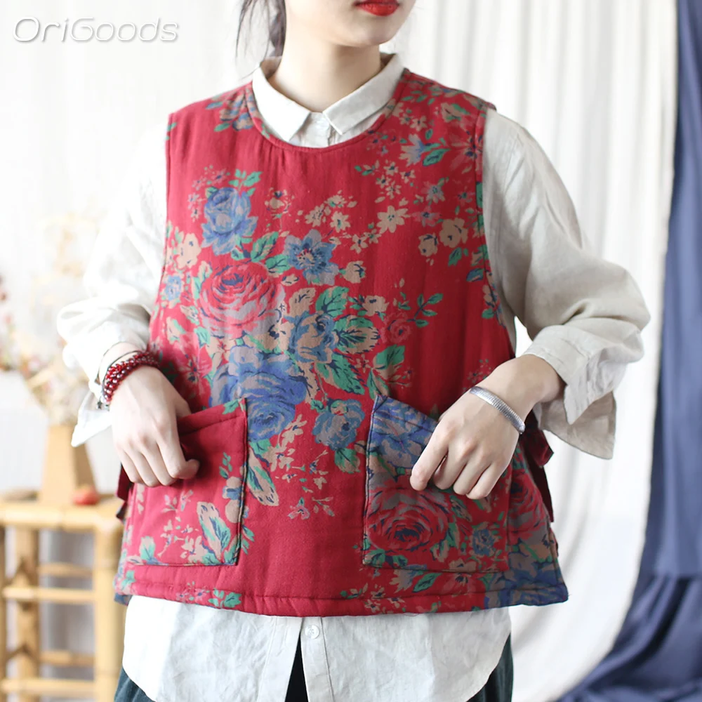 OriGoods Winter Vest Women Chinese Style Flower Print Warm Cotton Padded Vest Loose National Clothes 2024 Vest Top Woman X130