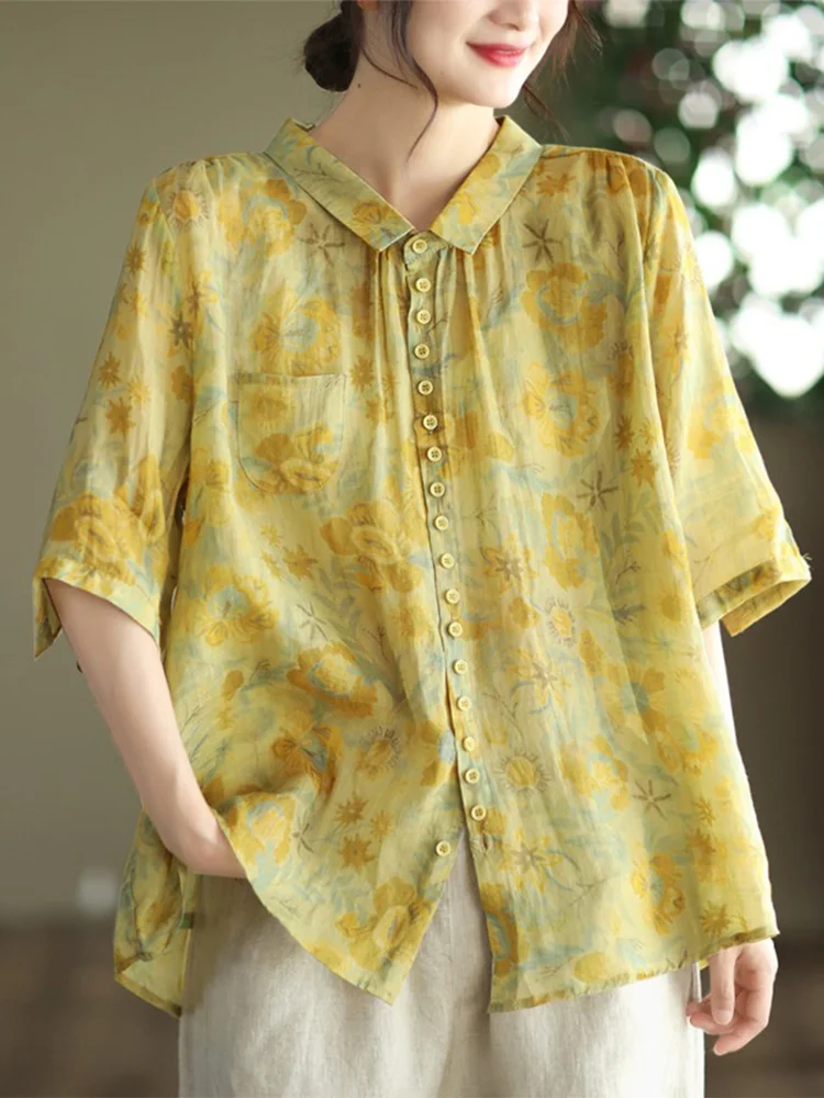 Sle giapponese da donna sottile ort Sve irt colletto in lino di cotone floreale retrò abbottonato vestibilità ampia estate casual irt