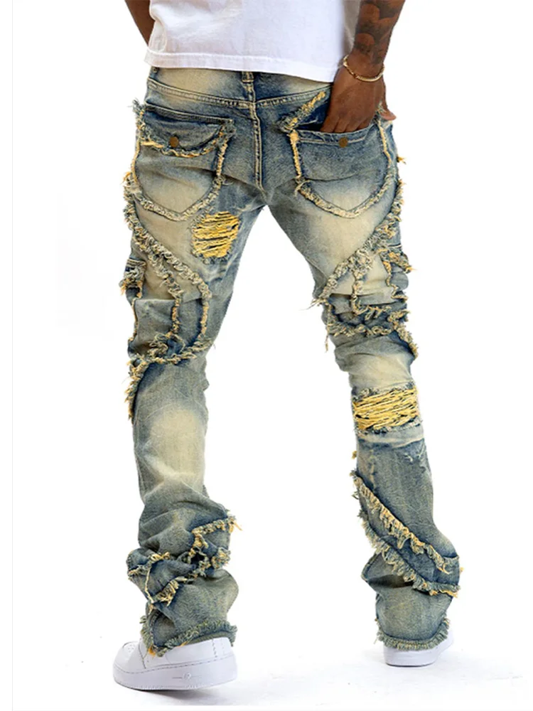 Jeans da uomo patchwork strappati alla moda con cerniera pantaloni in denim a matita slim a vita alta 2025 autunno streetwear maschile