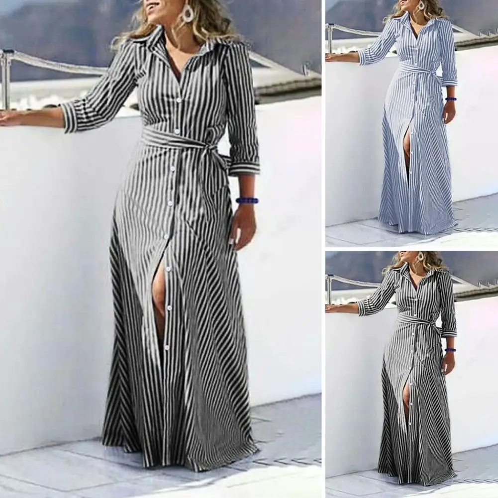 Vestido maxi manga comprida feminino, vestido de camisa casual, vestido de verão solto, gola virada para baixo, escritório, verão