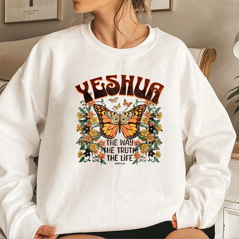 Yeshua Sweatshirt Christian Hoodie Religious Bible Verse Tee Floral Buttfly Jumper Jesus Apparel Church Crewneck Sweatshirts