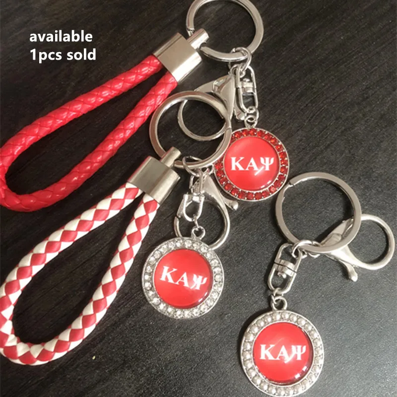 1Pcs Red White Leather Braided KAP Keychain Crystal Pearl Charm OKC42 DIY Bag Greek Fraternity Sorority KeyRing Dropship