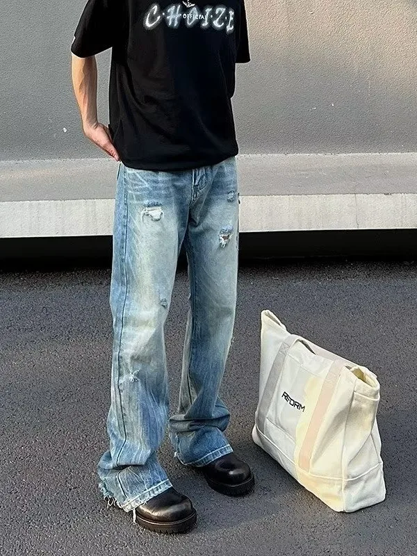 

Retro American Waed Cra Hole Jeans Men's Hiphop Trendy Summer Street Sle Bell Bot Casual Loose Fit Denim Pants