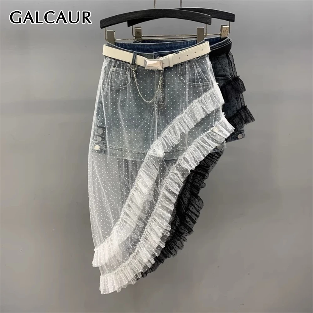 GALCAUR Solid Spliced Mesh Hot Girl Skirt Female High Waist Slimming Irregular Streetwear Women's Skirts Autumn Fashion Style: Spódnica GALCAUR z siateczki, łączona, w stylu hot girl, damska, z wysokim stanem, wyszczuplająca, asymetryczna, streetwearowa, spódnice damskie, jesienna moda.