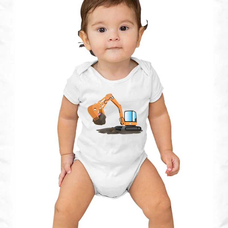 Newborn Baby Boys Girls Clothes Infant Cartoon Excavator Print Funny Short Sleeve Cotton Bodysuit Summer Romper Infant Jumpsuit