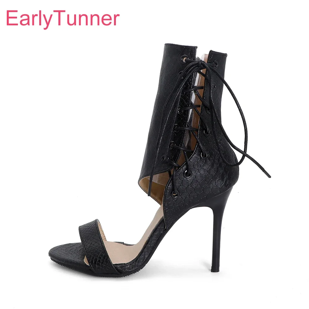 

Summer Sexy Black Women Sandals Ankle Wrap 10CM High Stiletto Heels Lady Party Shoes Small Big Plus Size 12 31 46 48