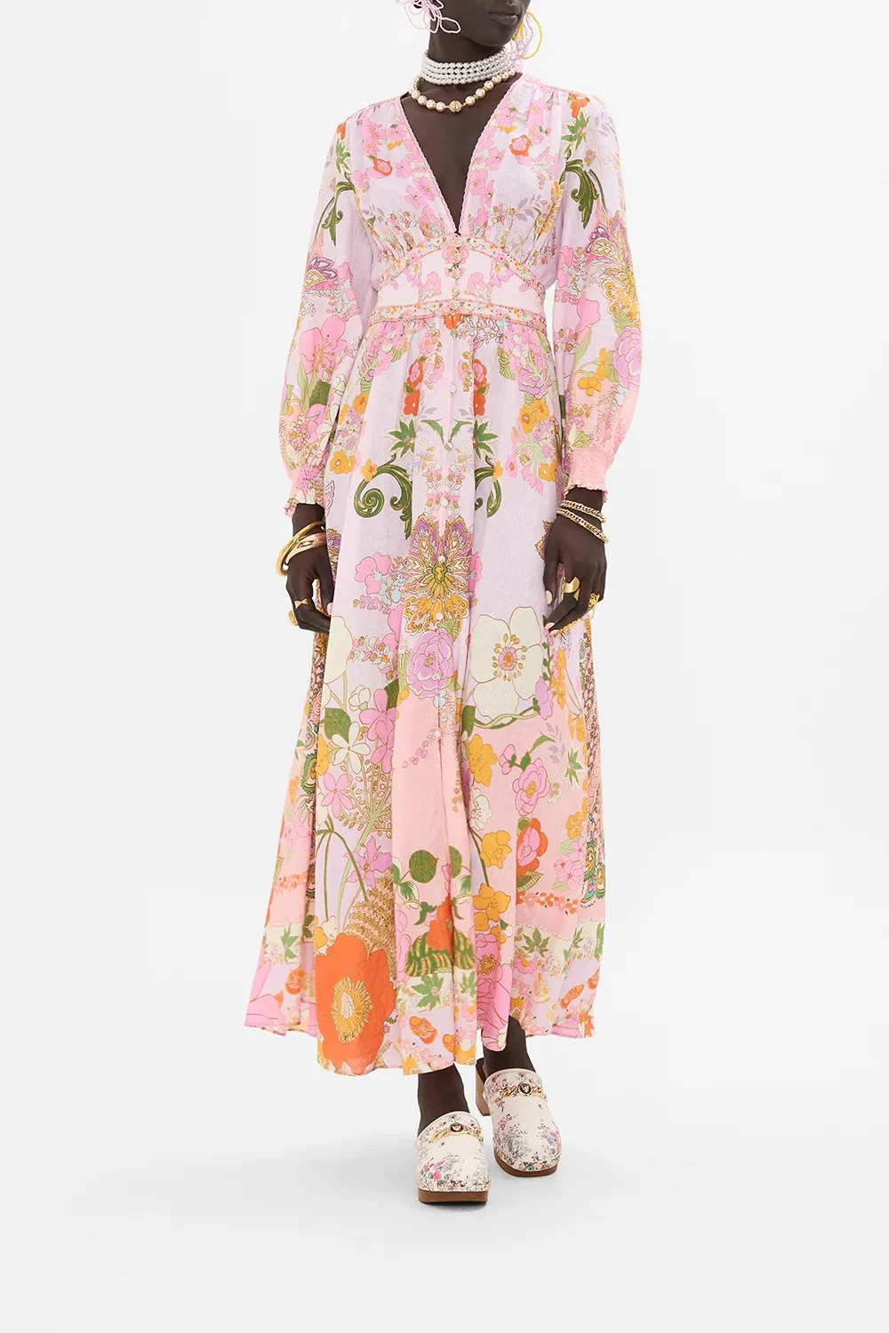 

Women Pink Flower Printed V-Neck Beaded Long Sleeve Single Breasted Silk Maxi Dress