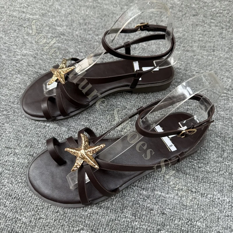 

Women Brown Gladiator Sandals with Gold Starfish Ankle Strap Buckle Flat Summer Beach Casual Shoes