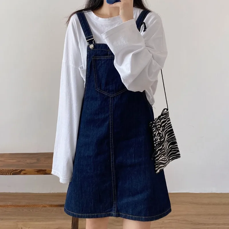 Suspenders Dresses for Women Solid Pockets Chic Students Summer Denim Clothing All-match Simple Korean Style Mini Casual Soft