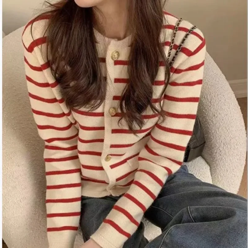 

Women Stripe Knitted Cardigans Spring Autumn O-neck Single Breasted Long Sleeve Crop Tops Casual Chic Female Sweaters 2025
