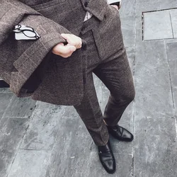 Boutique Plaid Fashion Official Business Mens Suit Pants Mens Casual Slim Plaid Trousers Groom Wedding Dress Pants Brown Grey