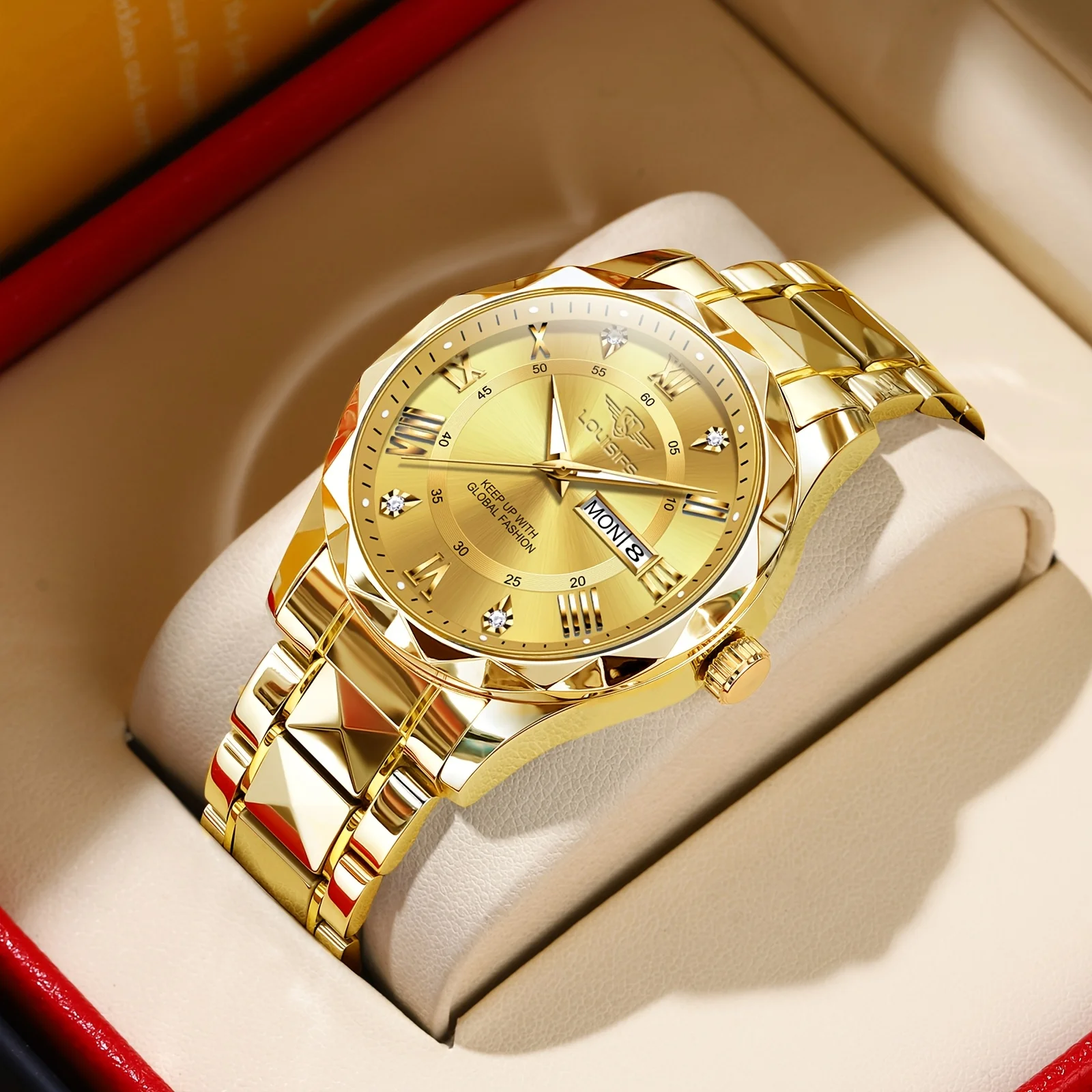 Orologio da polso da uomo alla moda con data e settimana, orologio da uomo in acciaio inossidabile, impermeabile, luminoso, da lavoro, semplice, al quarzo da uomo + scatola