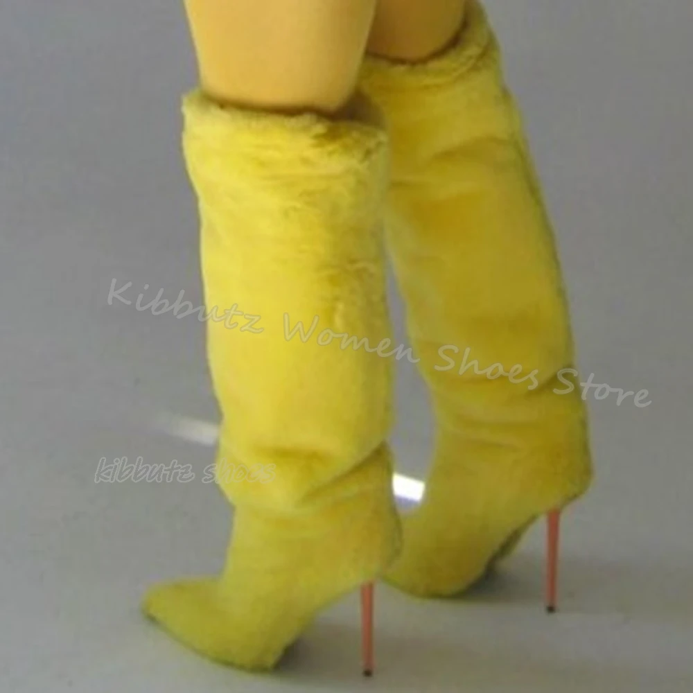 

Furry Knee High Snow Boots Warm Winter Novelty Fashion Elegant Sexy Concise Genuine Leather Solid Color Slip-On Women Shoes New