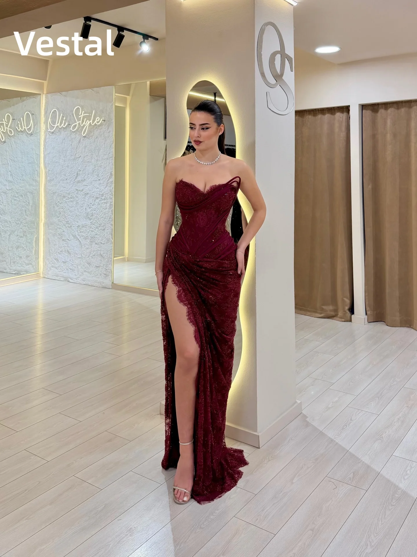 Strapless Lace Corset Prom Dress with Beaded Women's Wedding Party Dress Slit Ruched Formal Evening Party Gown Customized