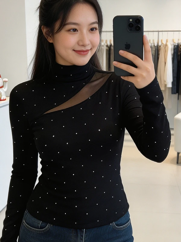 

plus Size Faionable Long Sve T-irt with Diamond Splicing Women's Spring Autumn Slimming Sli Base irt Spicy Girl Top
