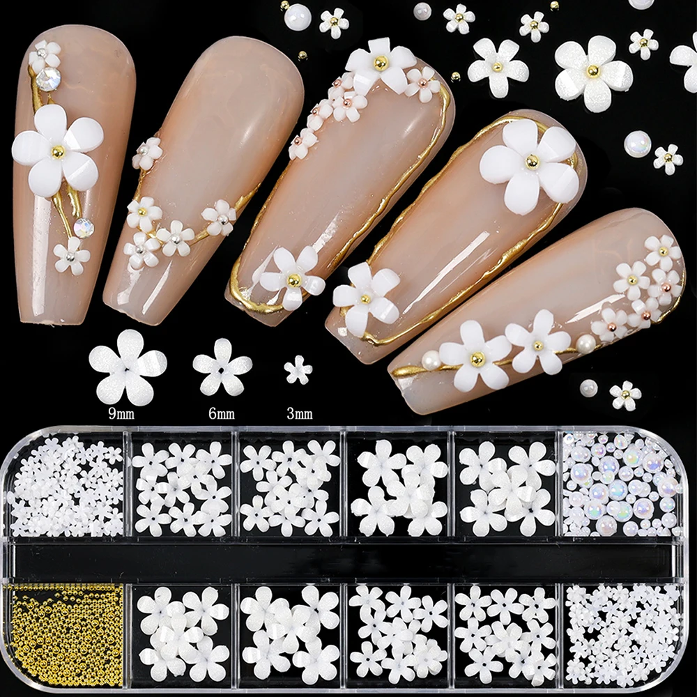 12Grid White Acrylic Petal Flower Nail Charms Mixed Floral Pearl Caviar Beads Nail Art Rhinestones DIY Manicure Decoration