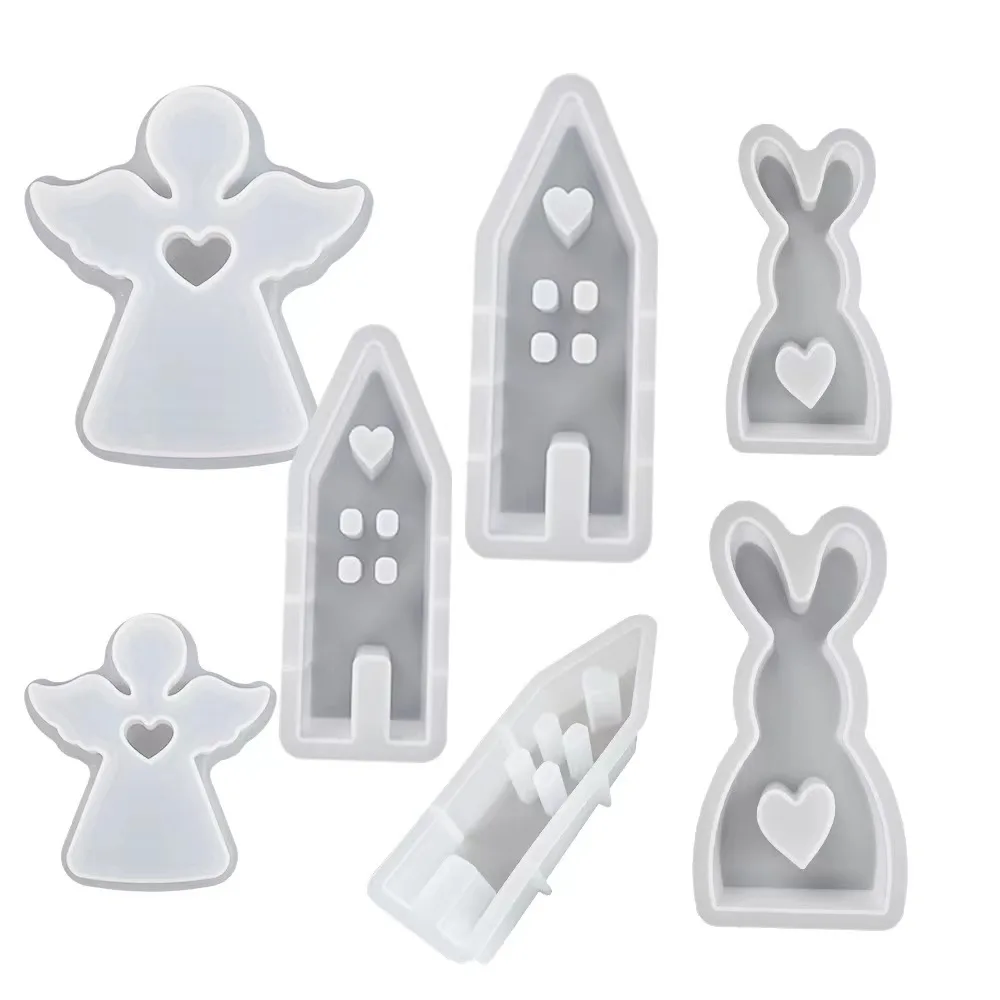 Easter Love Rabbit House Angel Candle Silicone Mold DIY Epoxy Resin Cement Gypsum Pouring Pendant Mold Home Decoration Ornaments