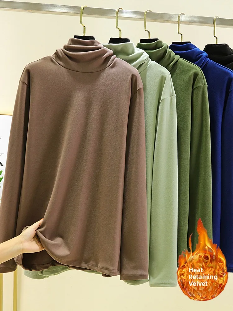 Men's Versatile Thickened High Collar Warm Long Sleeve T-Shirt Fleece Lined Loose Fit Slimming Base Layer Shirt
