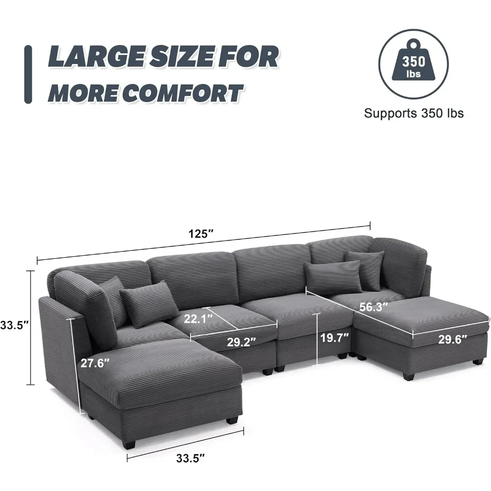 125 Inch Oversized Corduroy Modular Sectional Sofa, U Shaped Modular Couch With Storage, 6 Seat Convertible Corduroy Couch,